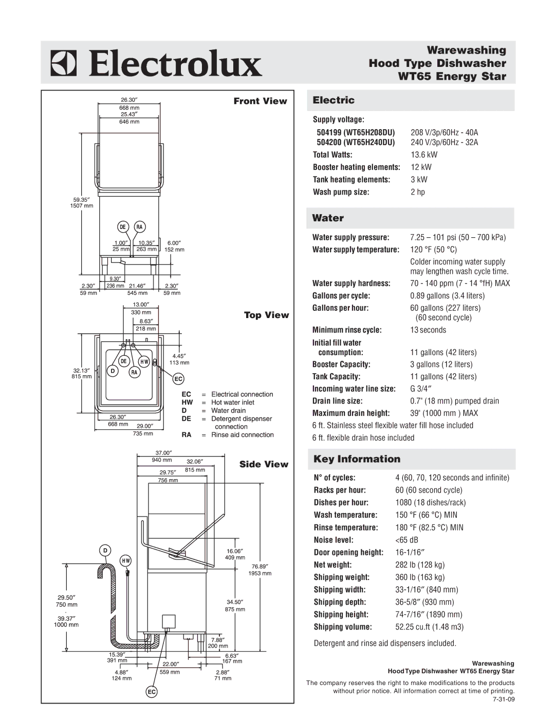 Electrolux 504199, 504200, 3048424 Warewashing Hood Type Dishwasher WT65 Energy Star, Electric, Water, Key Information 