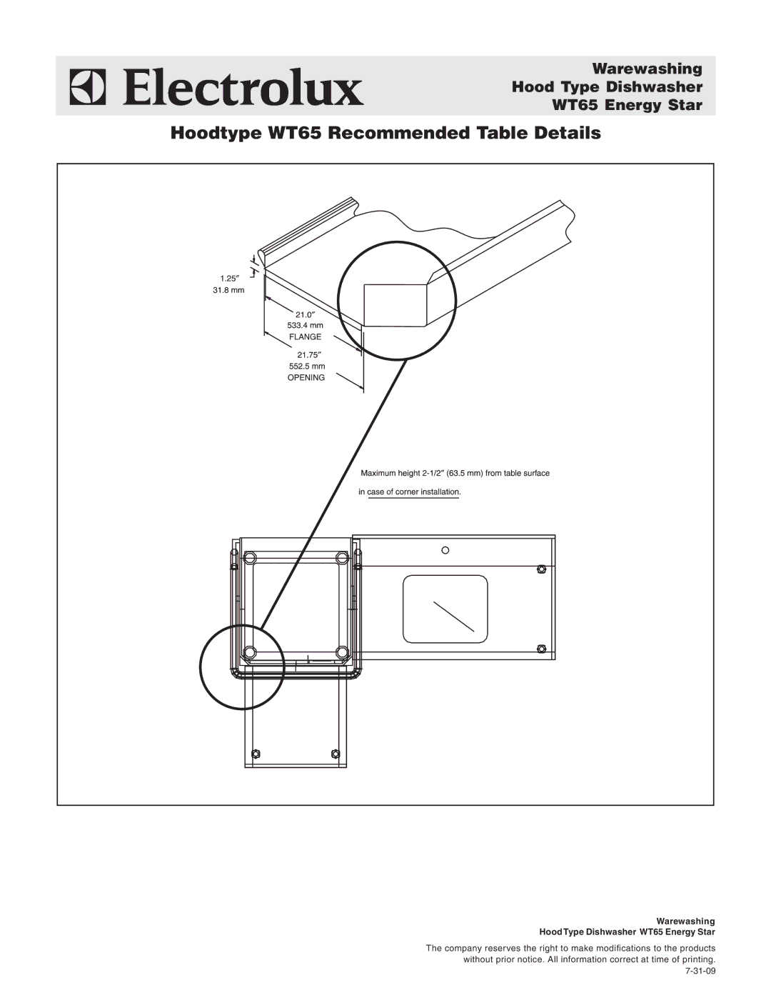 Electrolux 3048424, 504200 Hoodtype WT65 Recommended Table Details, Warewashing Hood Type Dishwasher WT65 Energy Star 