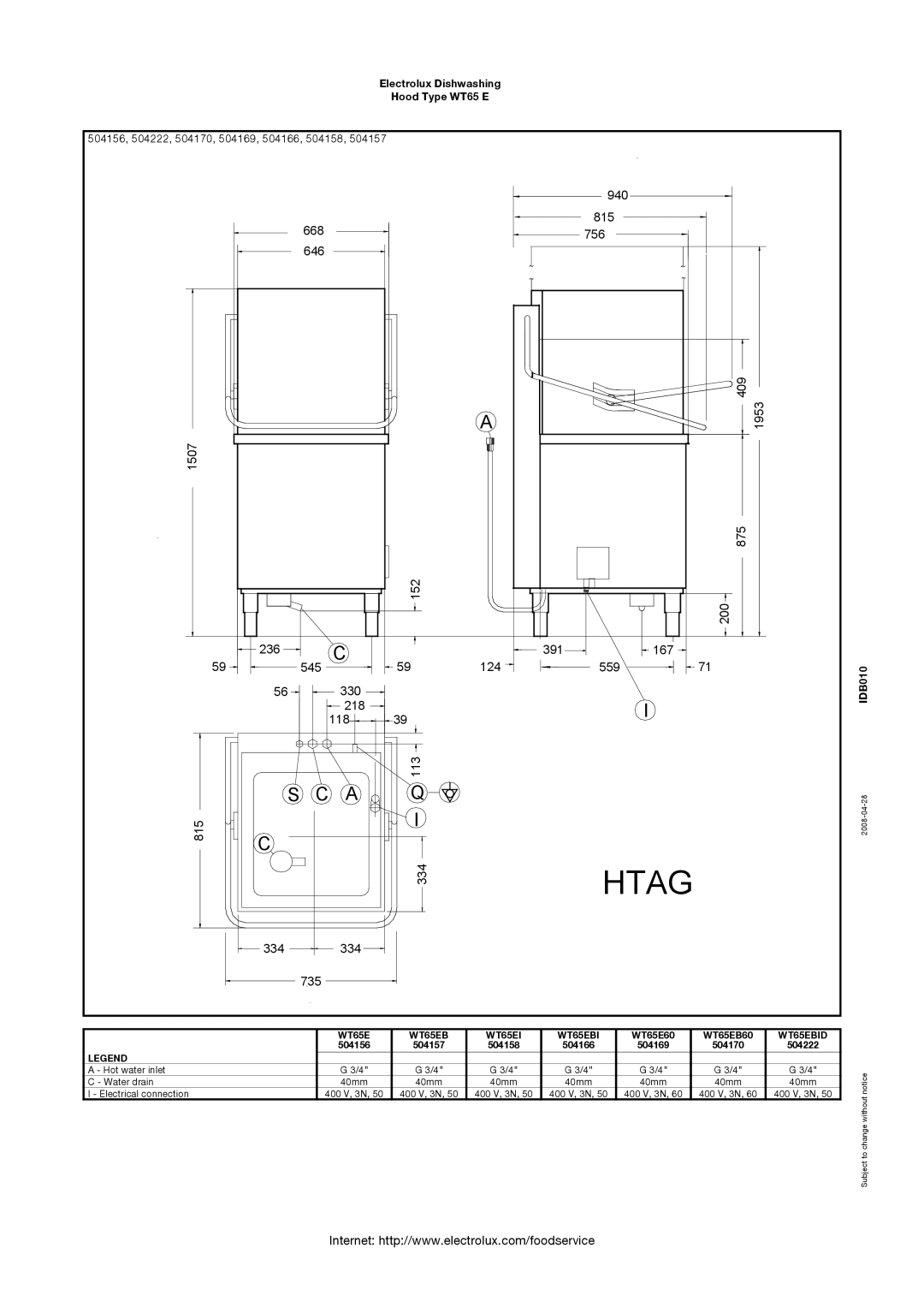 Electrolux WT65E manual Htag 