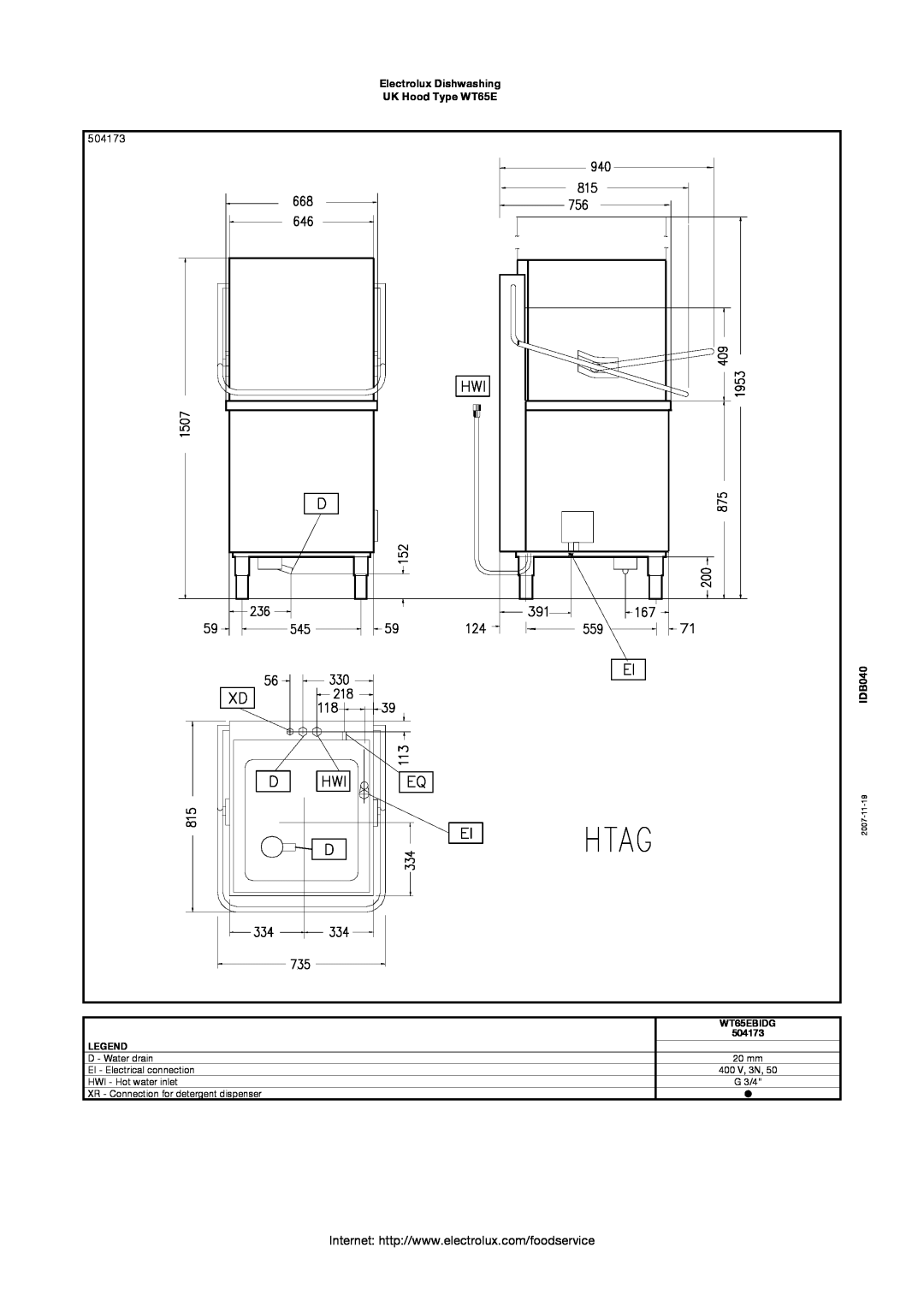 Electrolux manual 504173, Electrolux Dishwashing UK Hood Type WT65E, IDB040, WT65EBIDG, 2007-11-19 