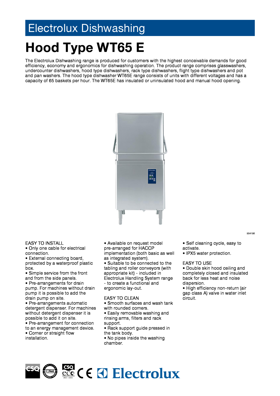 Electrolux WT65E manual Hood Type WT65 E, Electrolux Dishwashing 
