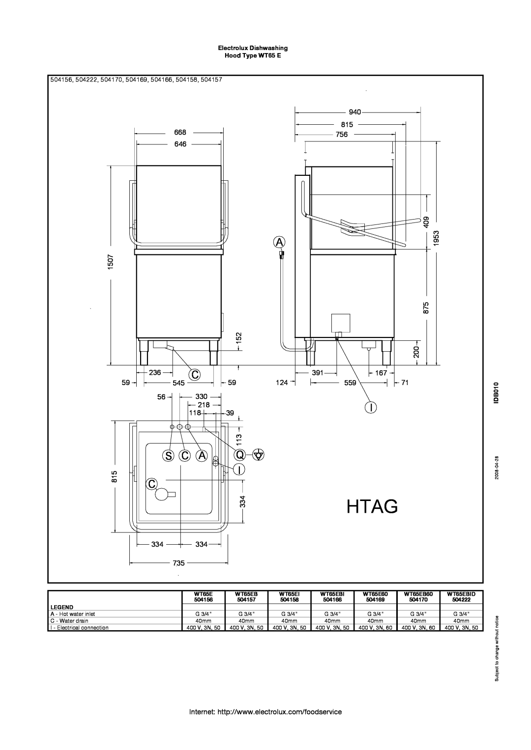 Electrolux WT65E manual Htag 