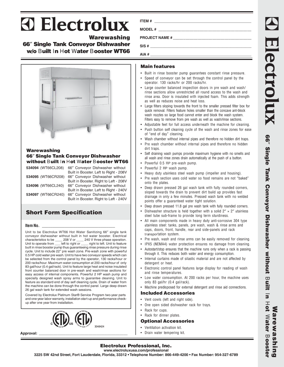 Electrolux WT66CL208, WT66CR240 warranty Warewashing, 66″ Single Tank Conveyor Dishwasher, Built In Hot Water Booster WT66 