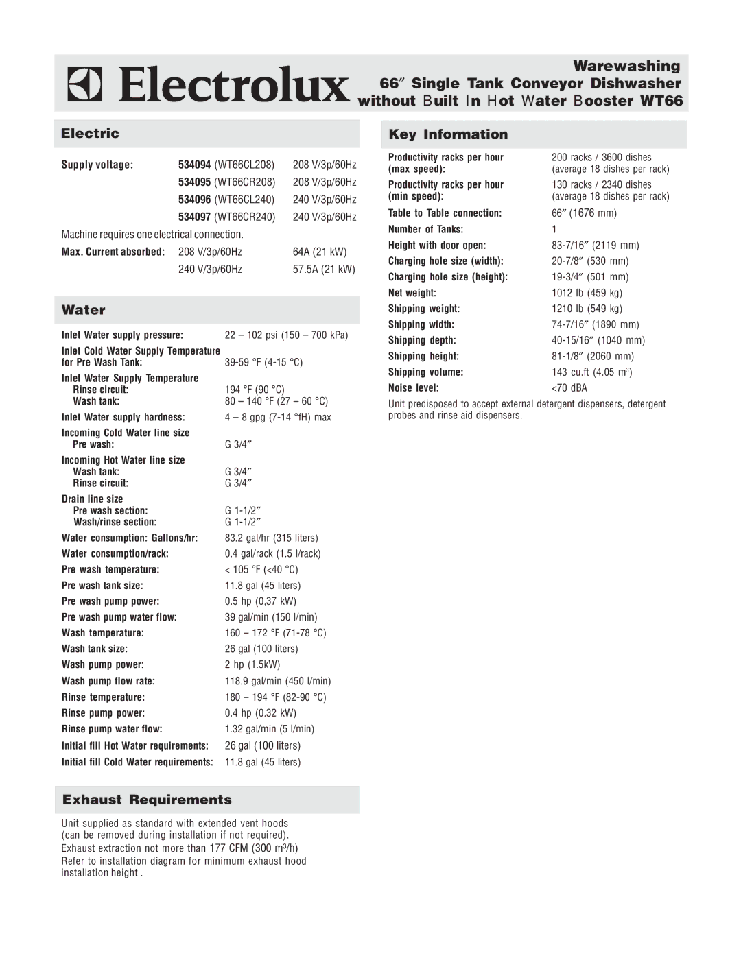 Electrolux WT66CR240, WT66CL208, WT66CL240, WT66CR208 Electric, Water, Key Information, Exhaust Requirements, Supply voltage 