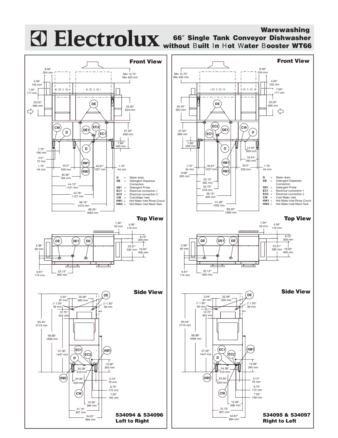 Electrolux WT66CL240 66 ″ Single Tank Conveyor Dishwasher, Without Built In Hot Water Booster WT66, Front View, Top View 