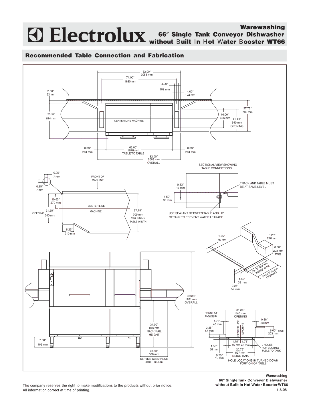 Electrolux WT66CR208, WT66CL208, WT66CR240, WT66CL240, 534097, 534095, 534094 Recommended Table Connection and Fabrication 