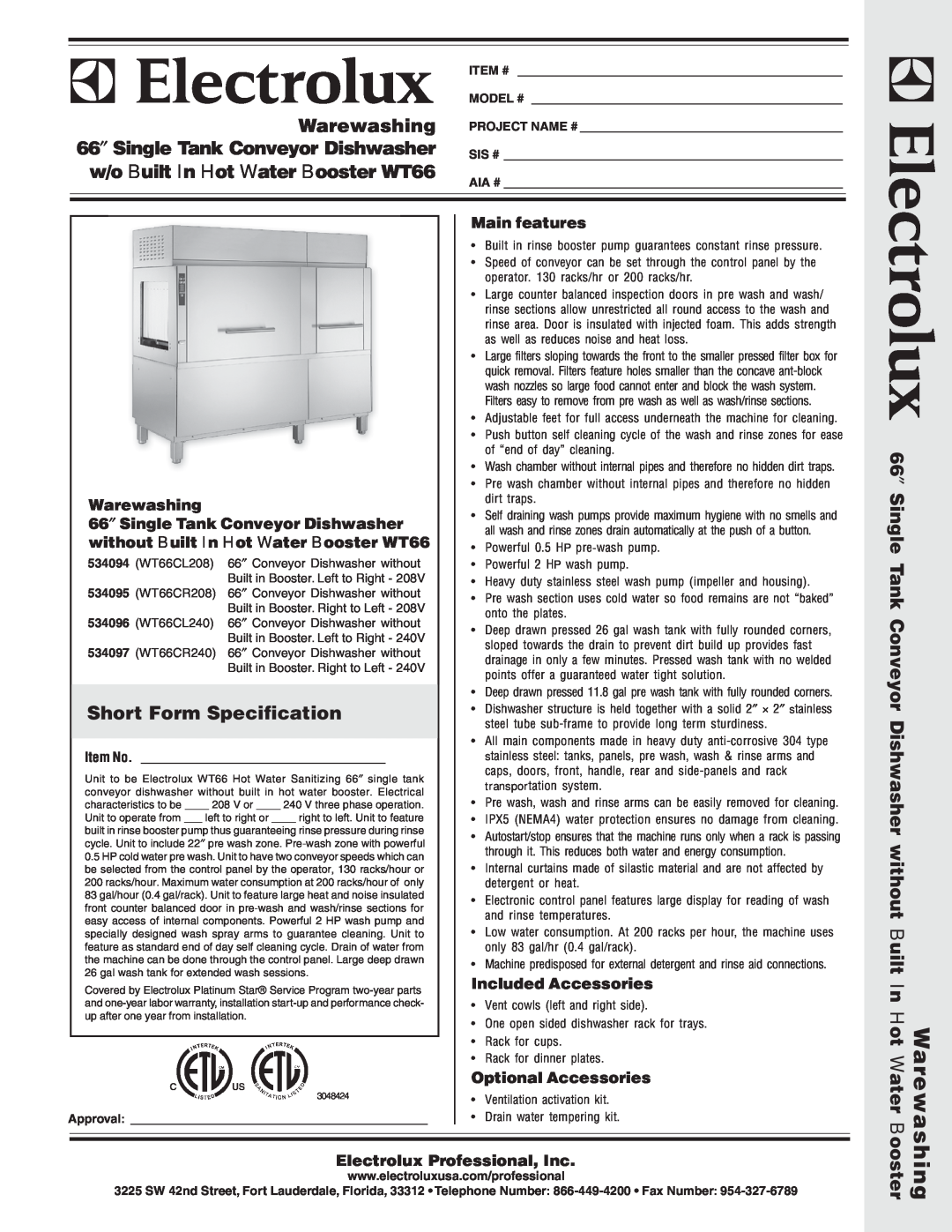 Electrolux WT66CL208 warranty Warewashing, 66″ Single Tank Conveyor Dishwasher, w/o Built In Hot Water Booster WT66 