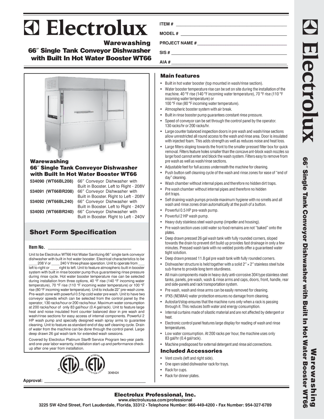 Electrolux WT66BR208 warranty Warewashing, 66″ Single Tank Conveyor Dishwasher, With Built In Hot Water Booster WT66 