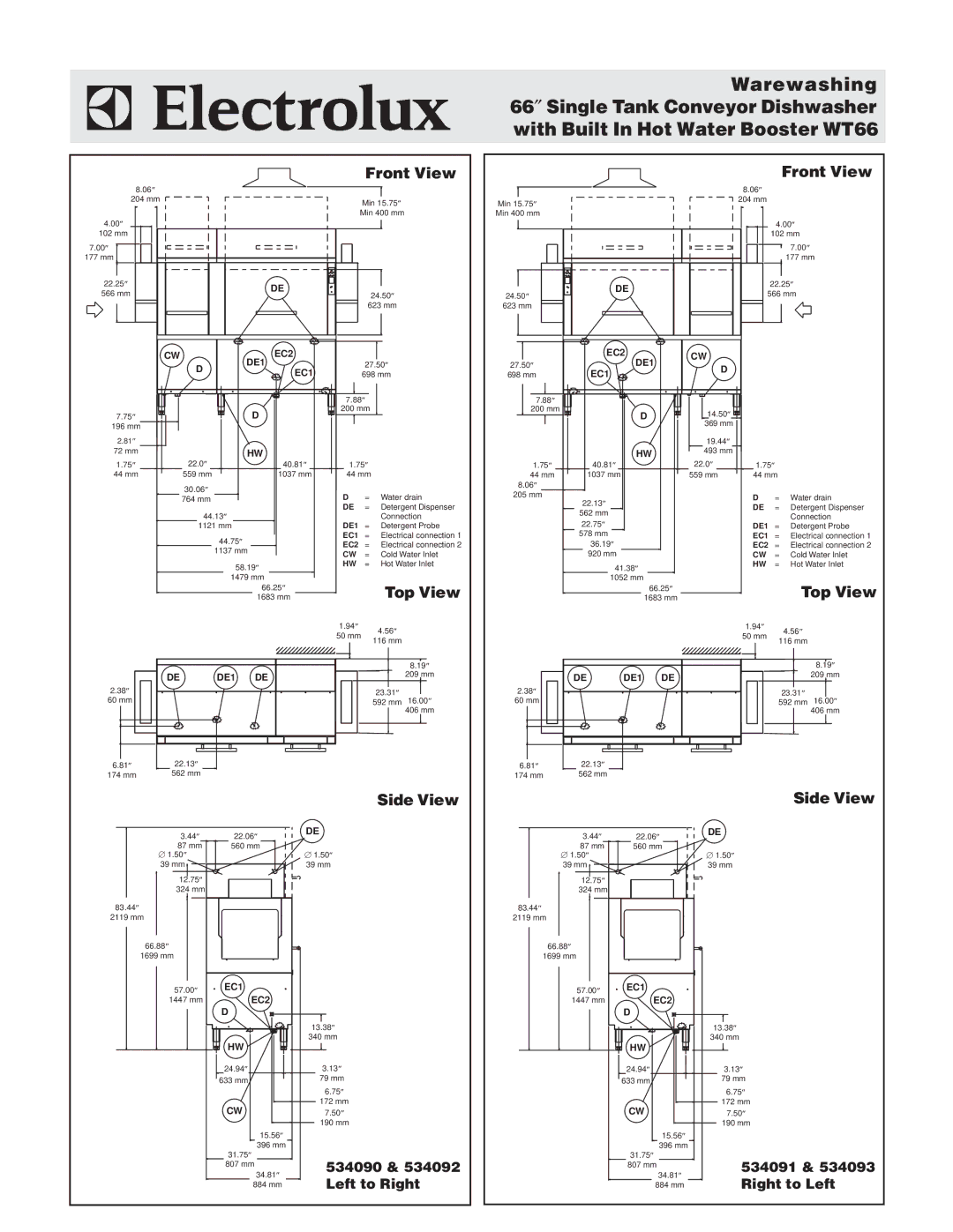 Electrolux WT66BR240, WT66BL208, WT66BR208, WT66BL240, 534092, 534091, 534090, 534093 warranty Front View, Top View, Side View 