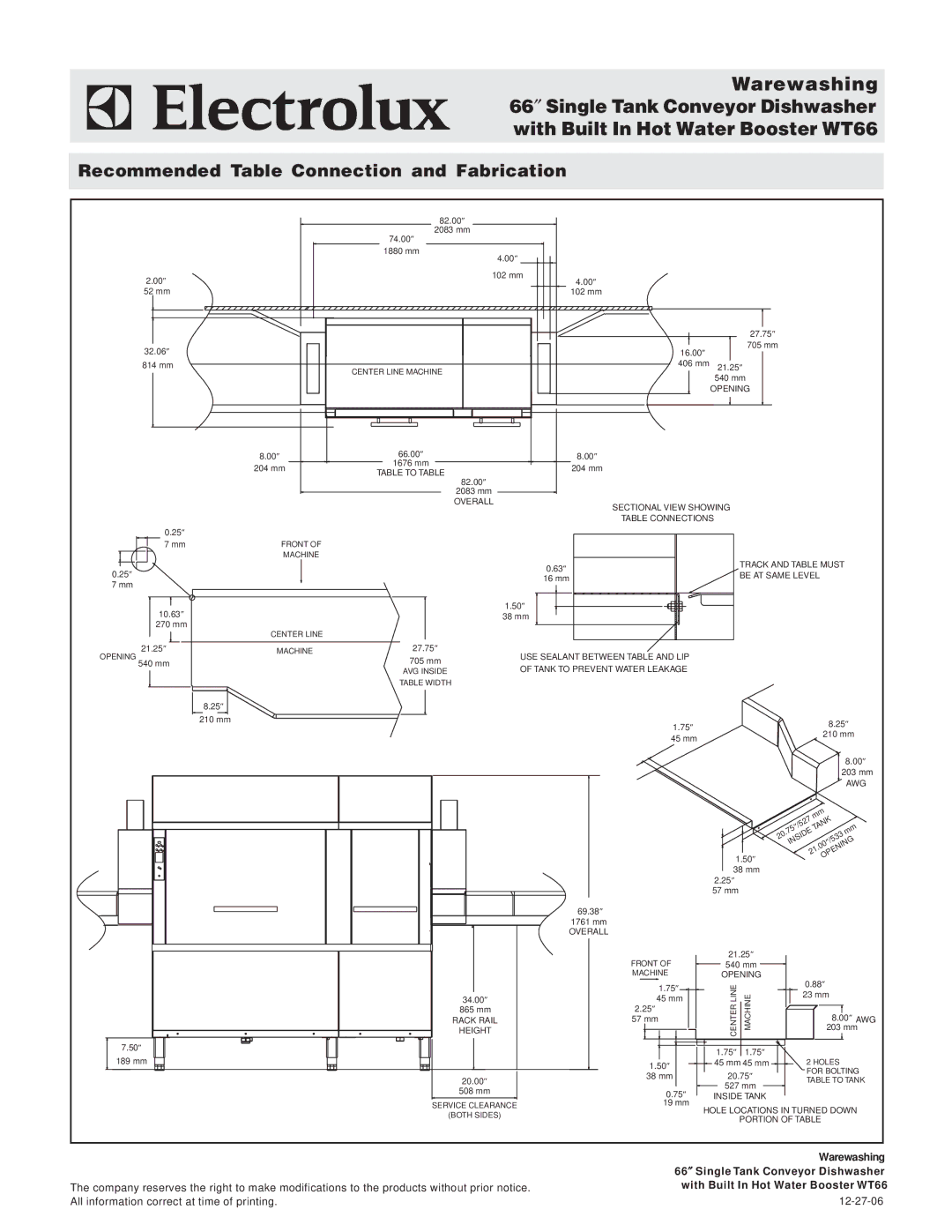 Electrolux 534092, WT66BL208, WT66BR208, WT66BL240, WT66BR240, 534091, 534090 Recommended Table Connection and Fabrication 