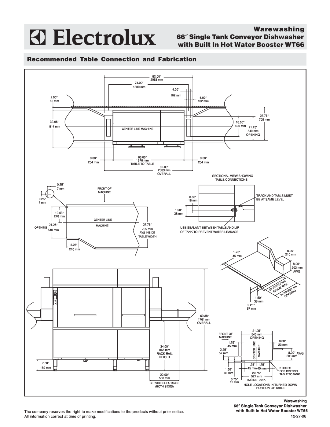 Electrolux 534092, WT66BL208 Recommended Table Connection and Fabrication, Warewashing 66″ Single Tank Conveyor Dishwasher 