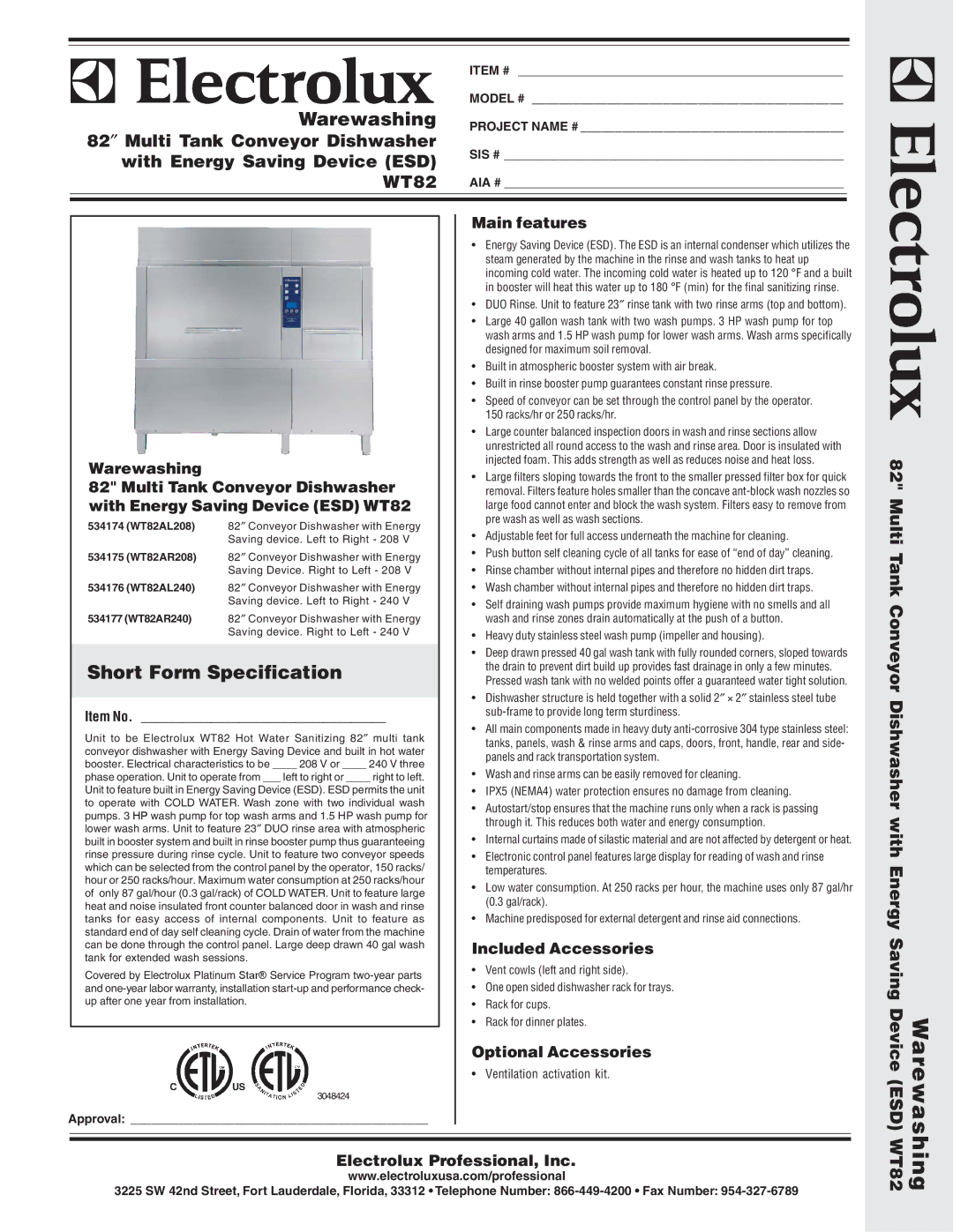 Electrolux WT82AR240, WT82AL208, WT82AR208 warranty 82″ Multi Tank Conveyor Dishwasher, With Energy Saving Device ESD WT82 