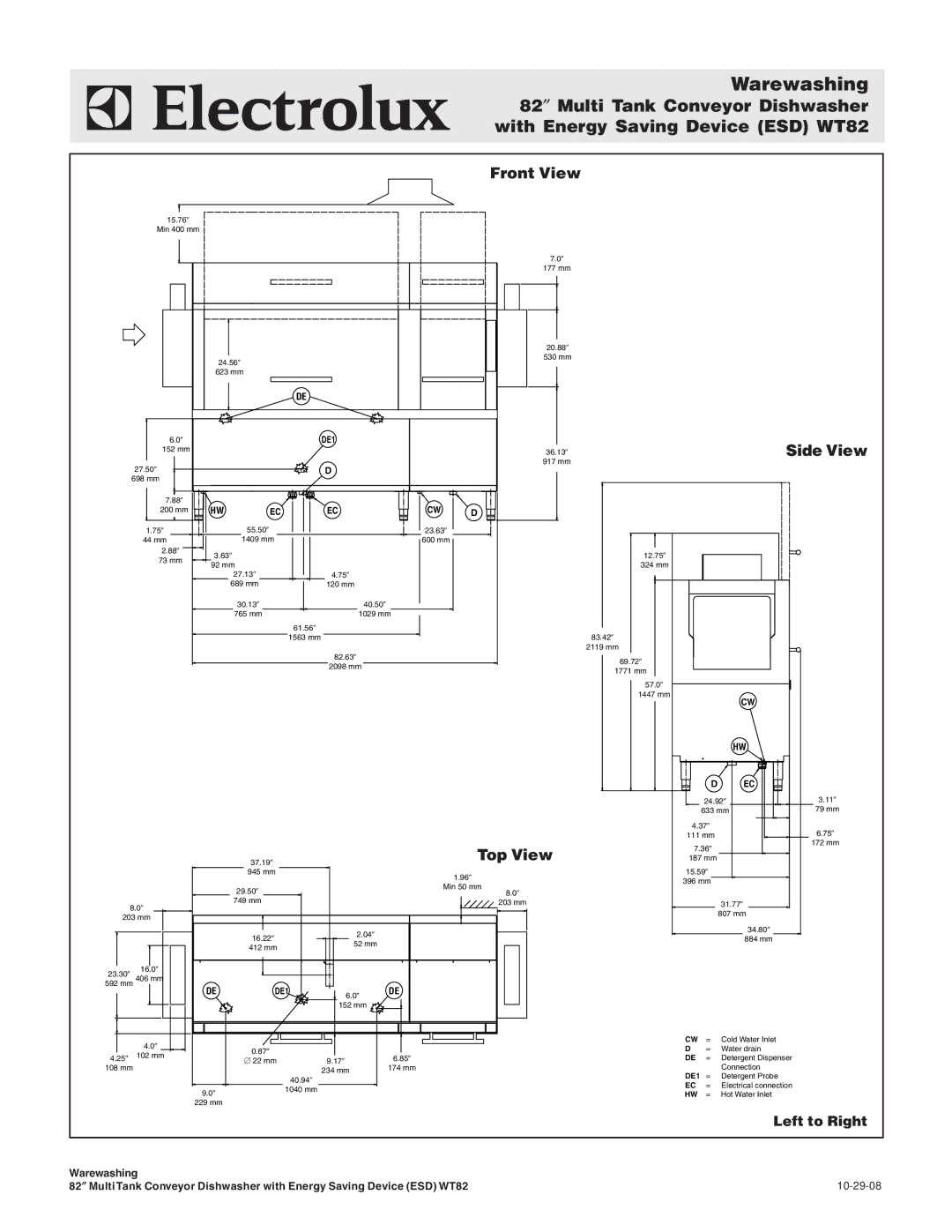 Electrolux WT82AL240, WT82AL208, WT82AR240, WT82AR208, 534175, 534176, 534177 Front View, Side View, Top View, Left to Right 