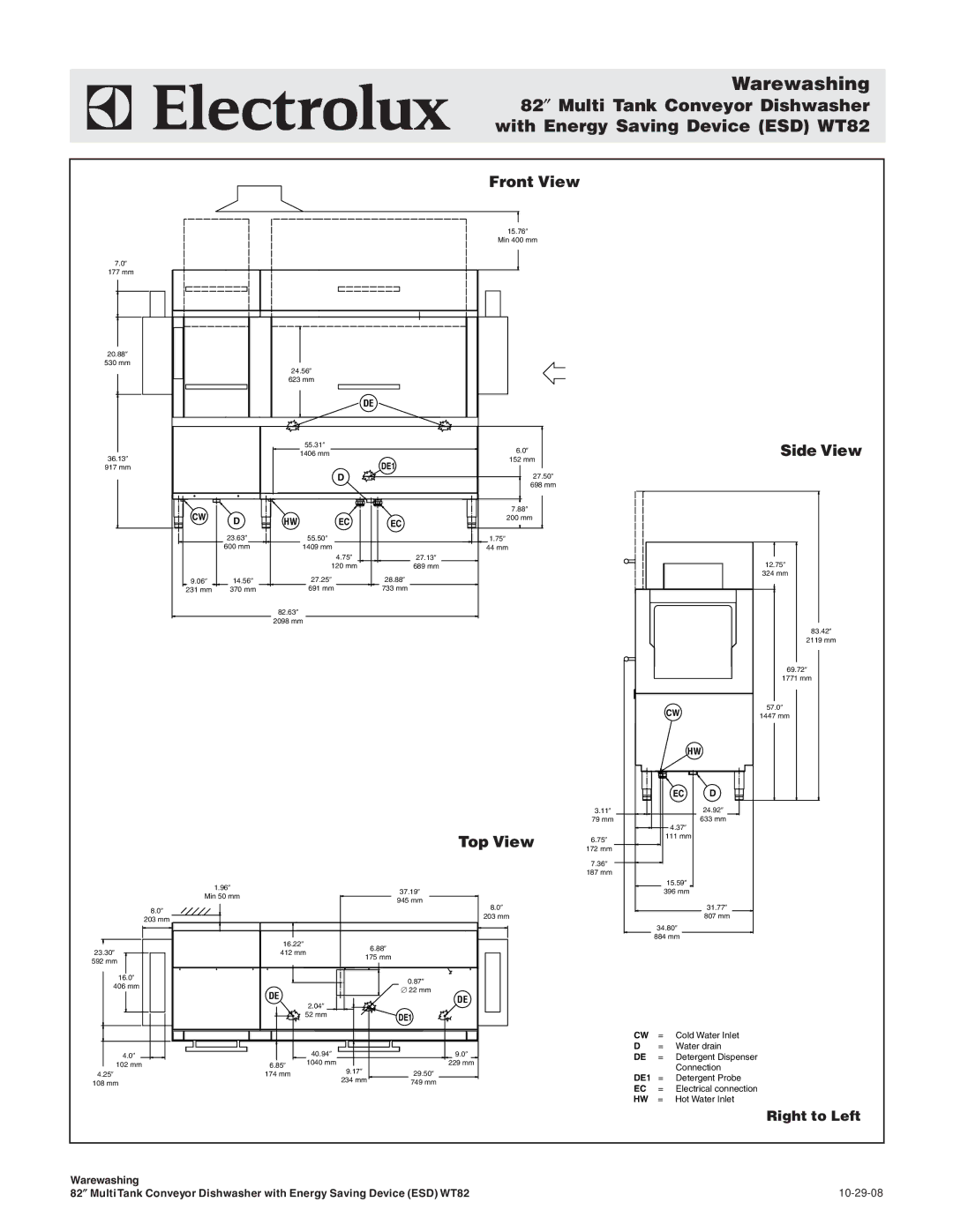 Electrolux 534175, WT82AL208, WT82AR240, WT82AR208, WT82AL240, 534176, 534177, 534174 warranty Right to Left, Ini Mm 