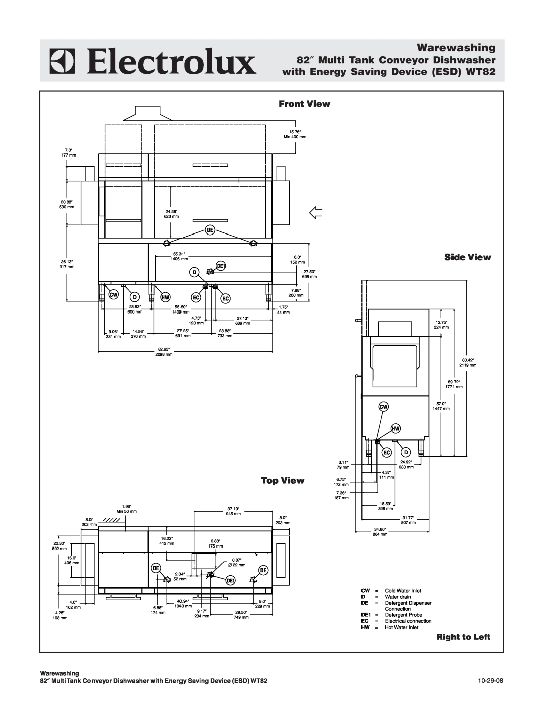 Electrolux 534175 Warewashing, 82″ Multi Tank Conveyor Dishwasher with Energy Saving Device ESD WT82, Front View, Top View 