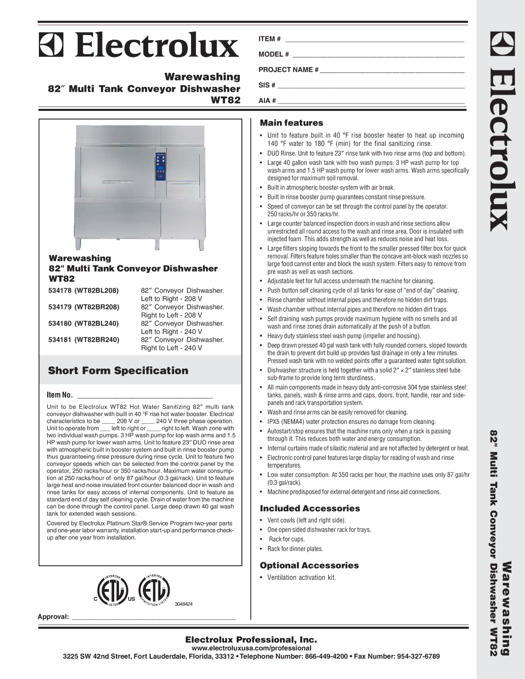 Electrolux WT82BL208, WT82BR240, wt82 warranty 82 ″ Multi Tank Conveyor Dishwasher, Multi Tank Conveyor Dishwasher WT82 