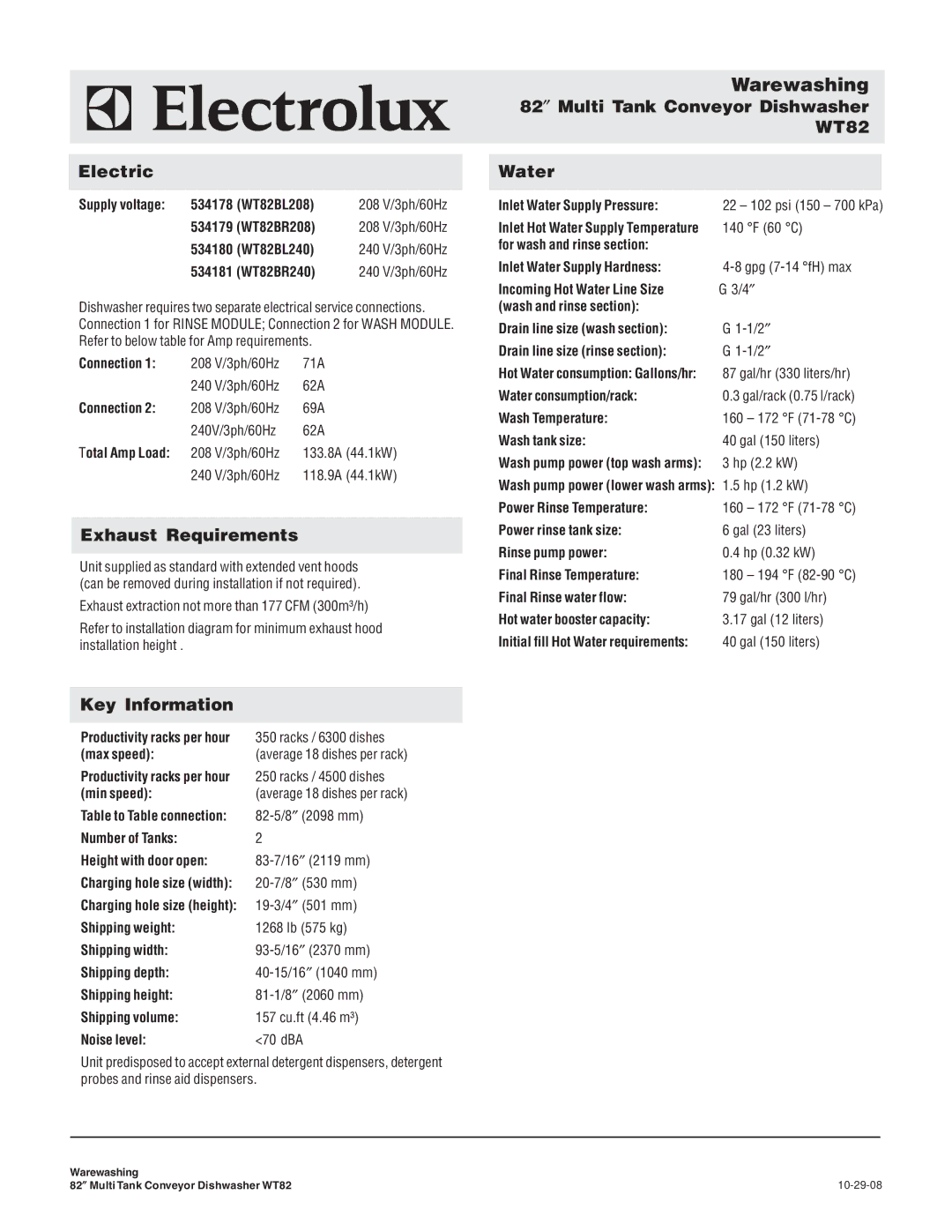 Electrolux WT82BL240, wt82 Electric, Exhaust Requirements, Key Information, 82″ Multi Tank Conveyor Dishwasher WT82 Water 