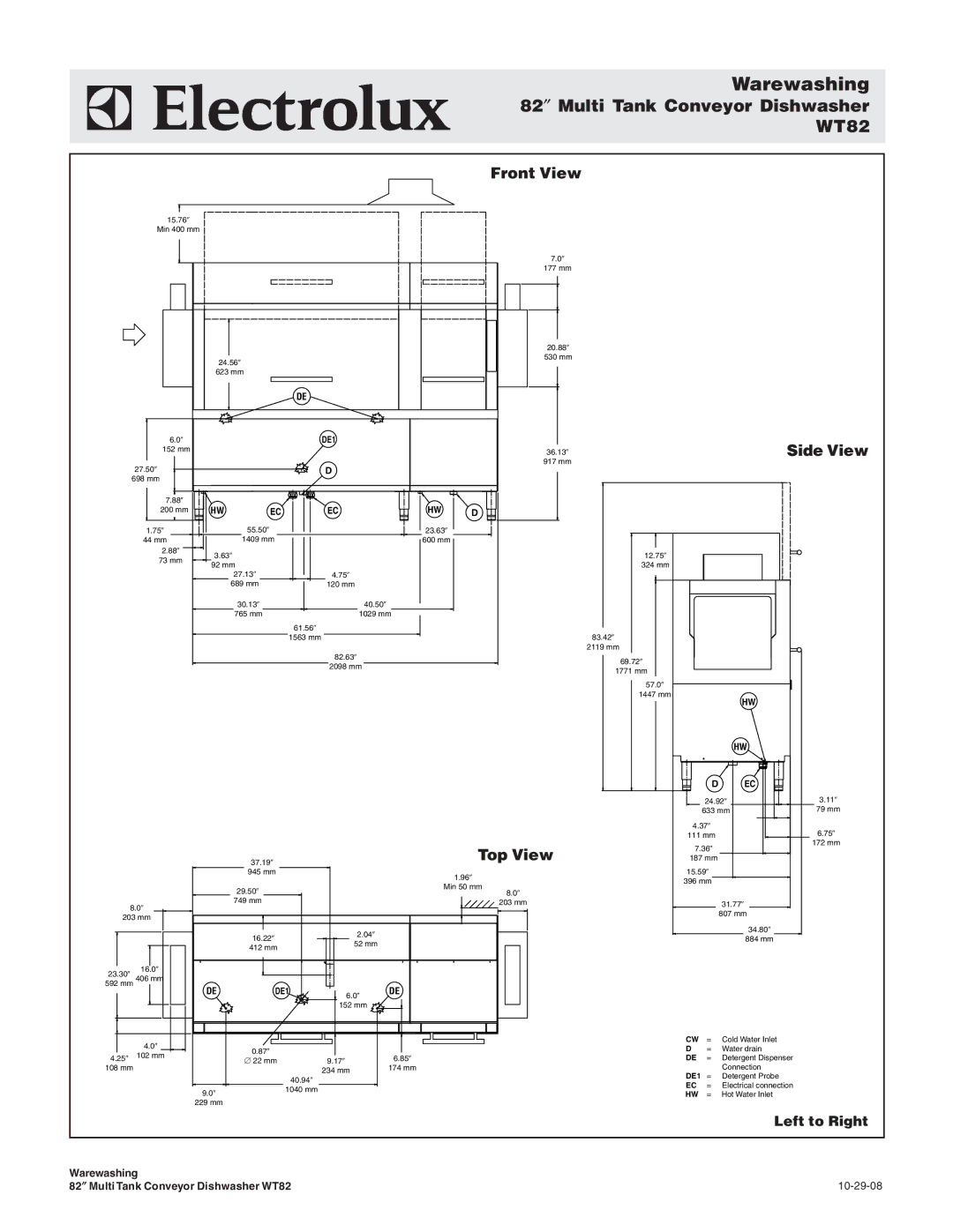 Electrolux WT82BR208, WT82BR240 82″ Multi Tank Conveyor Dishwasher WT82, Front View, Side View, Top View, Left to Right 