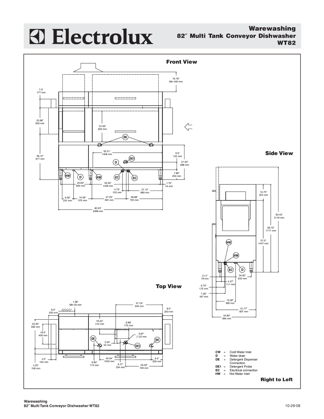 Electrolux wt82, WT82BR240, WT82BL208, WT82BL240, WT82BR208, 534180, 534179 82″ Multi Tank Conveyor Dishwasher, Right to Left 