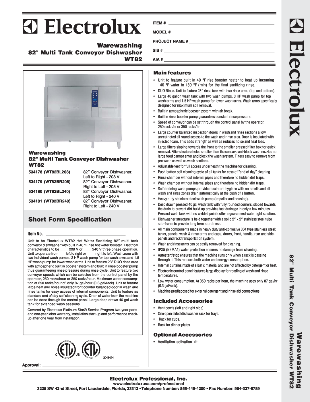 Electrolux WT82BL208 warranty Warewashing, Short Form Specification, 82 ″ Multi Tank Conveyor Dishwasher, Main features 