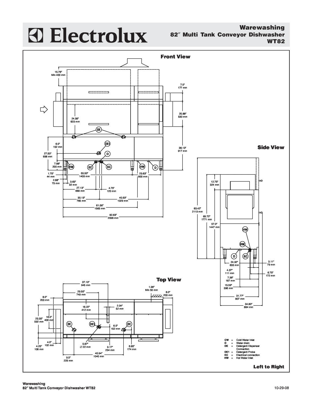Electrolux WT82BR208 82″ Multi Tank Conveyor Dishwasher WT82, Front View, Side View, Top View, Warewashing, 10-29-08, $%  
