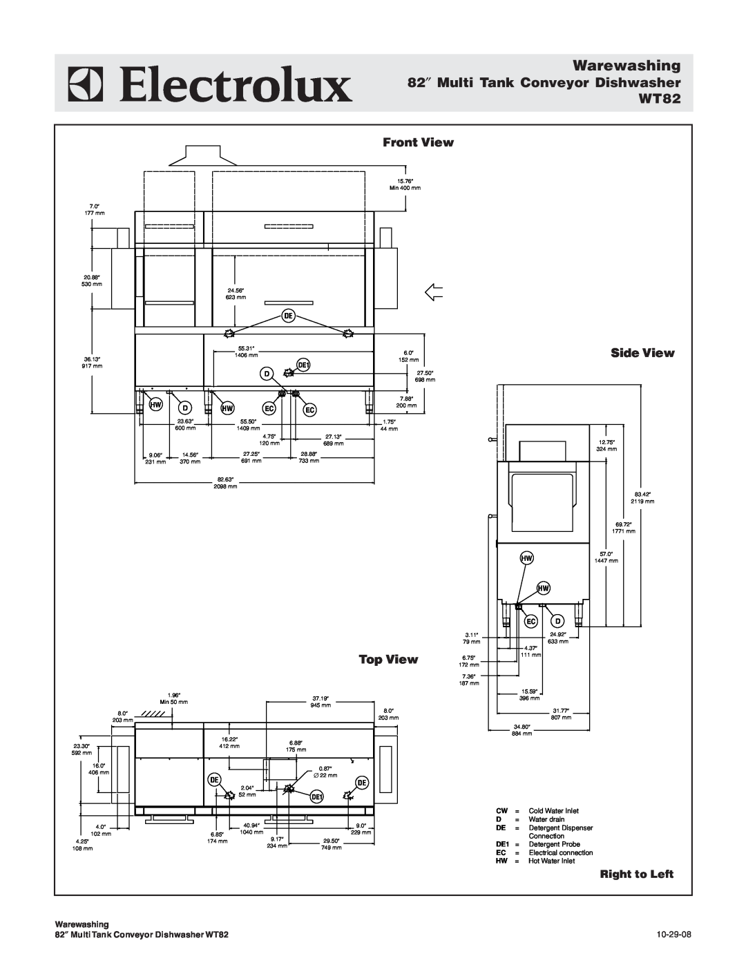 Electrolux wt82, 534180 82″ Multi Tank Conveyor Dishwasher, Warewashing, WT82, Front View, Side View, Top View, 10-29-08 