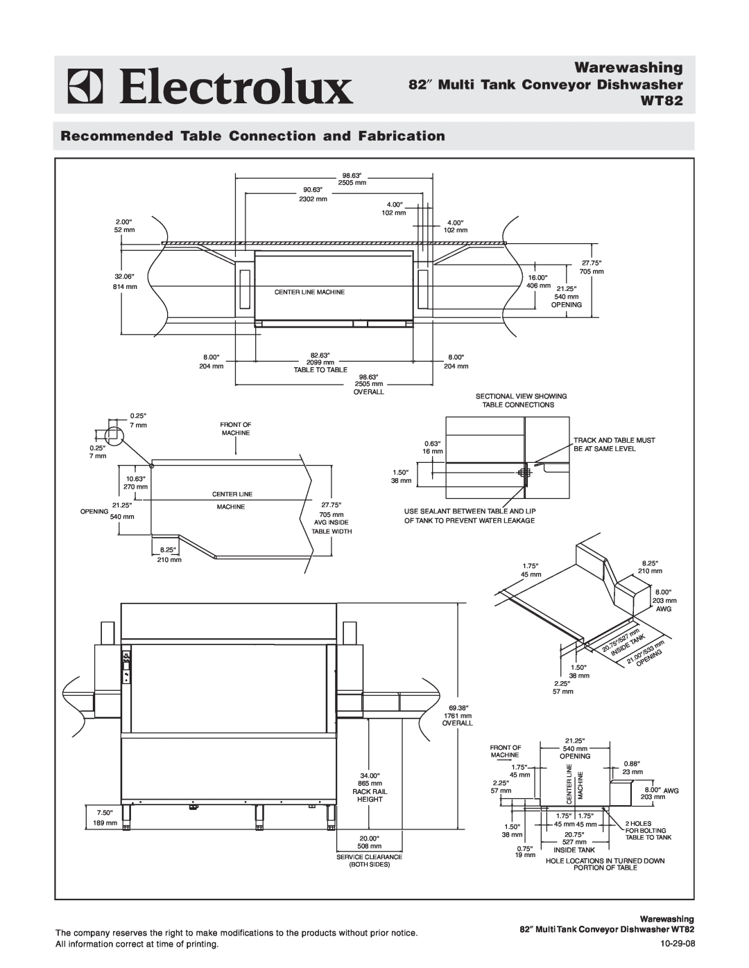Electrolux 534180, wt82 Recommended Table Connection and Fabrication, Warewashing, 82″ Multi Tank Conveyor Dishwasher WT82 