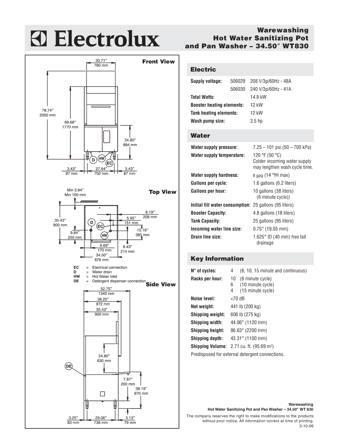 Electrolux WT830M208U, WT830M240U warranty Electric, Water, Key Information, Front View Top View Side View 