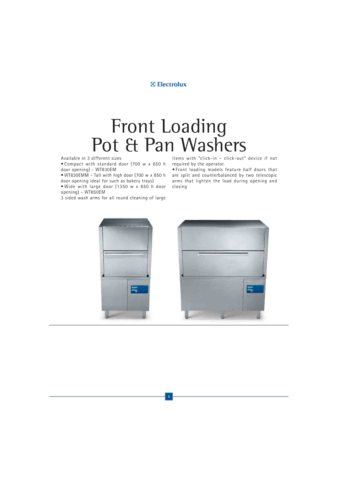 Electrolux WT830EMH, WT850EM, WT830EMM manual Front Loading Pot & Pan Washers 