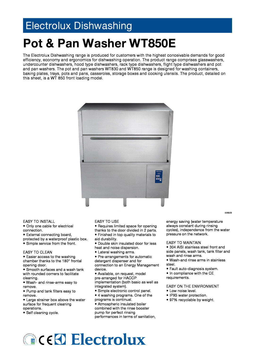 Electrolux manual Pot & Pan Washer WT850E, Electrolux Dishwashing 