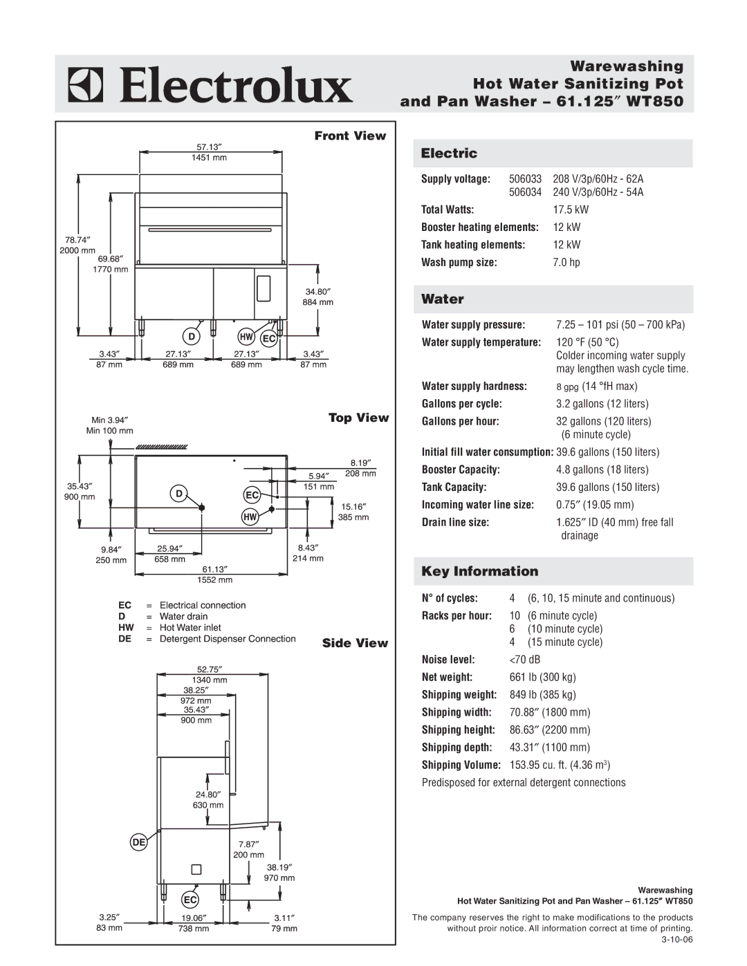 Electrolux WT850M240U, WT850M208U, 506033, 506034 warranty Electric, Water, Key Information 