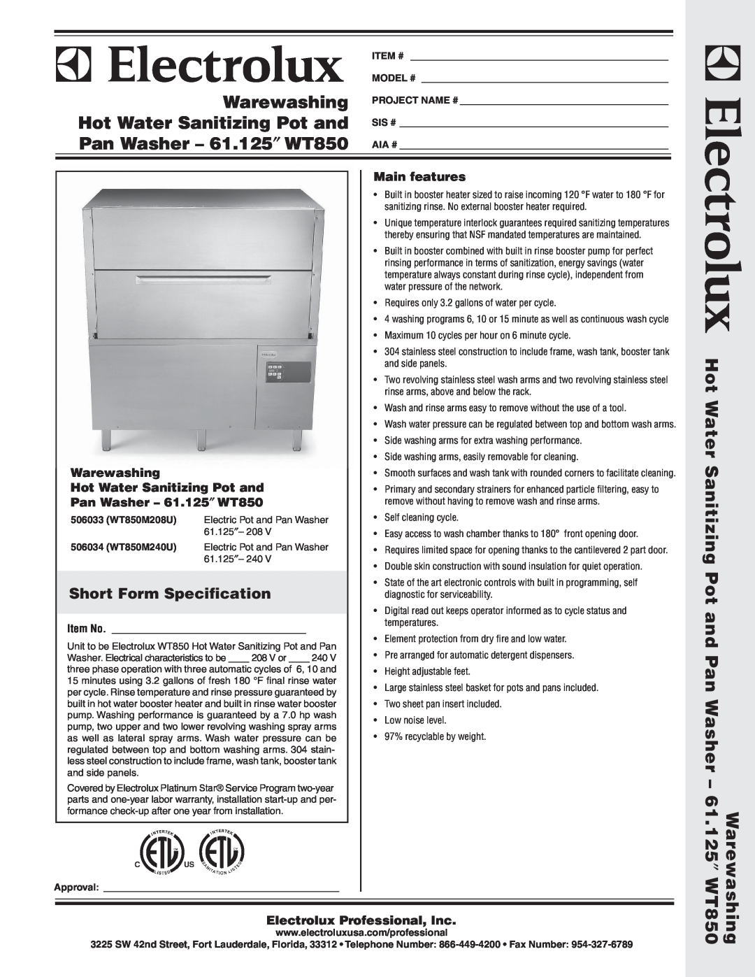 Electrolux WT850 warranty Short Form Specification, Main features, Warewashing, Hot Water Sanitizing Pot and, Item # 
