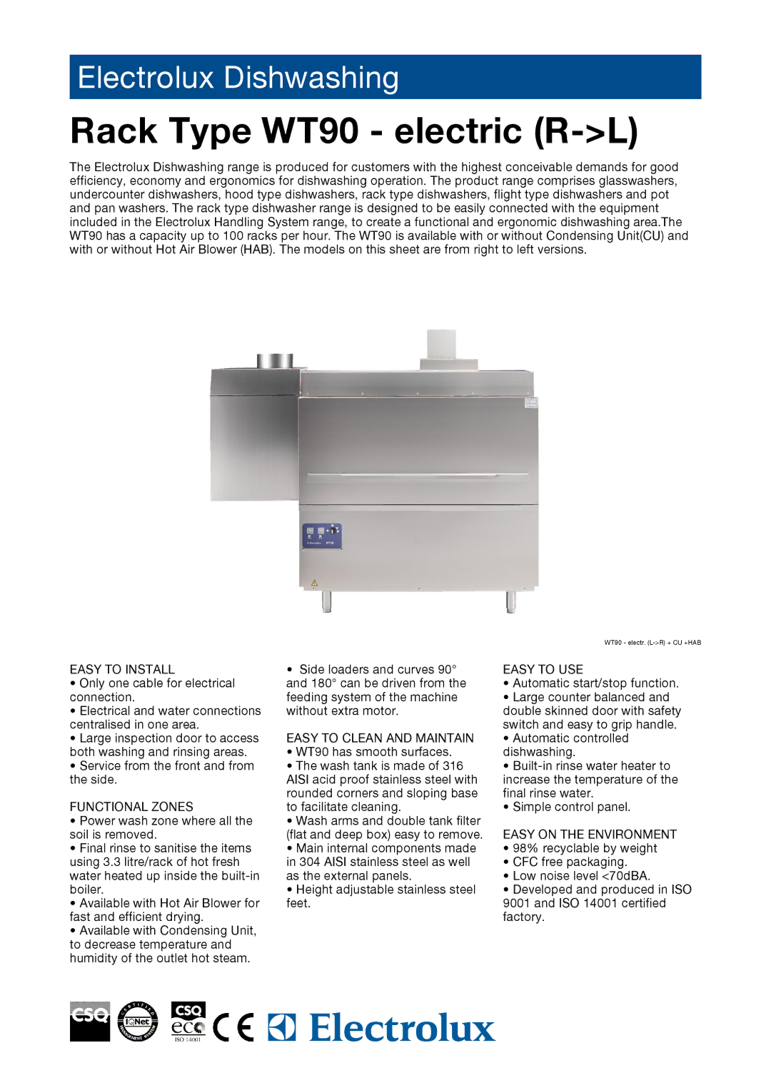 Electrolux WT90ER60, WT90ERCB, WT90ERB manual Easy to Install, Functional Zones, Easy to Clean and Maintain, Easy to USE 