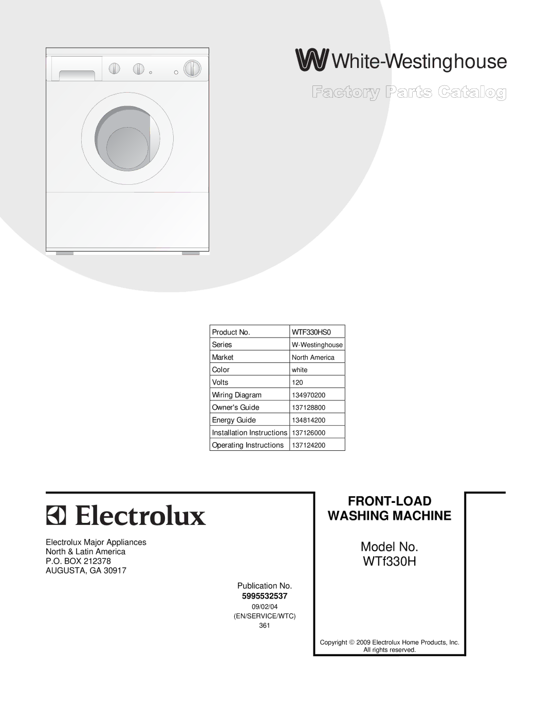 Electrolux WTF330HS0 installation instructions White-Westinghouse 