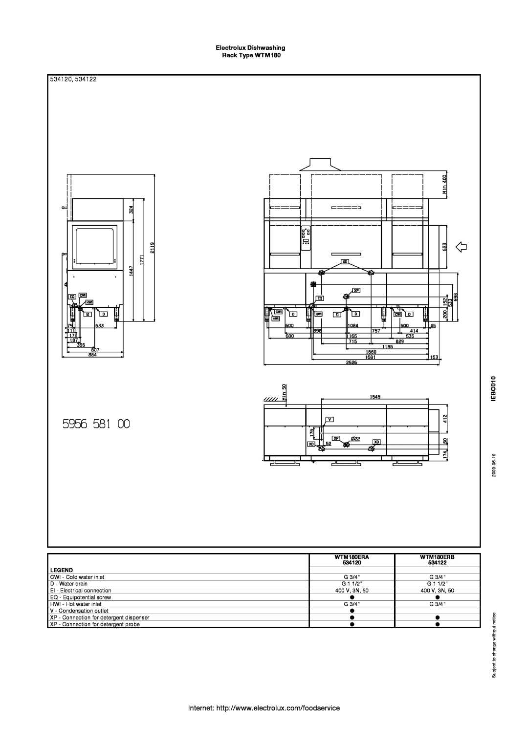 Electrolux WTM180ERB manual 534120, Electrolux Dishwashing Rack Type WTM180, IEBC010, 2009-06-19, Subject to change without 