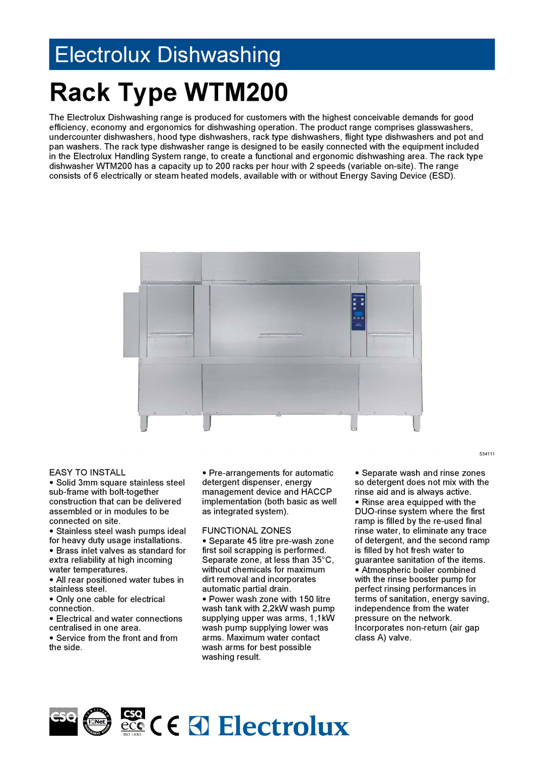 Electrolux WTM200SRA, WTM200SLA, WTM200ERB, WTM200ERA, WTM200ELB, WTM200ELA, 534109 manual Easy to Install, Functional Zones 