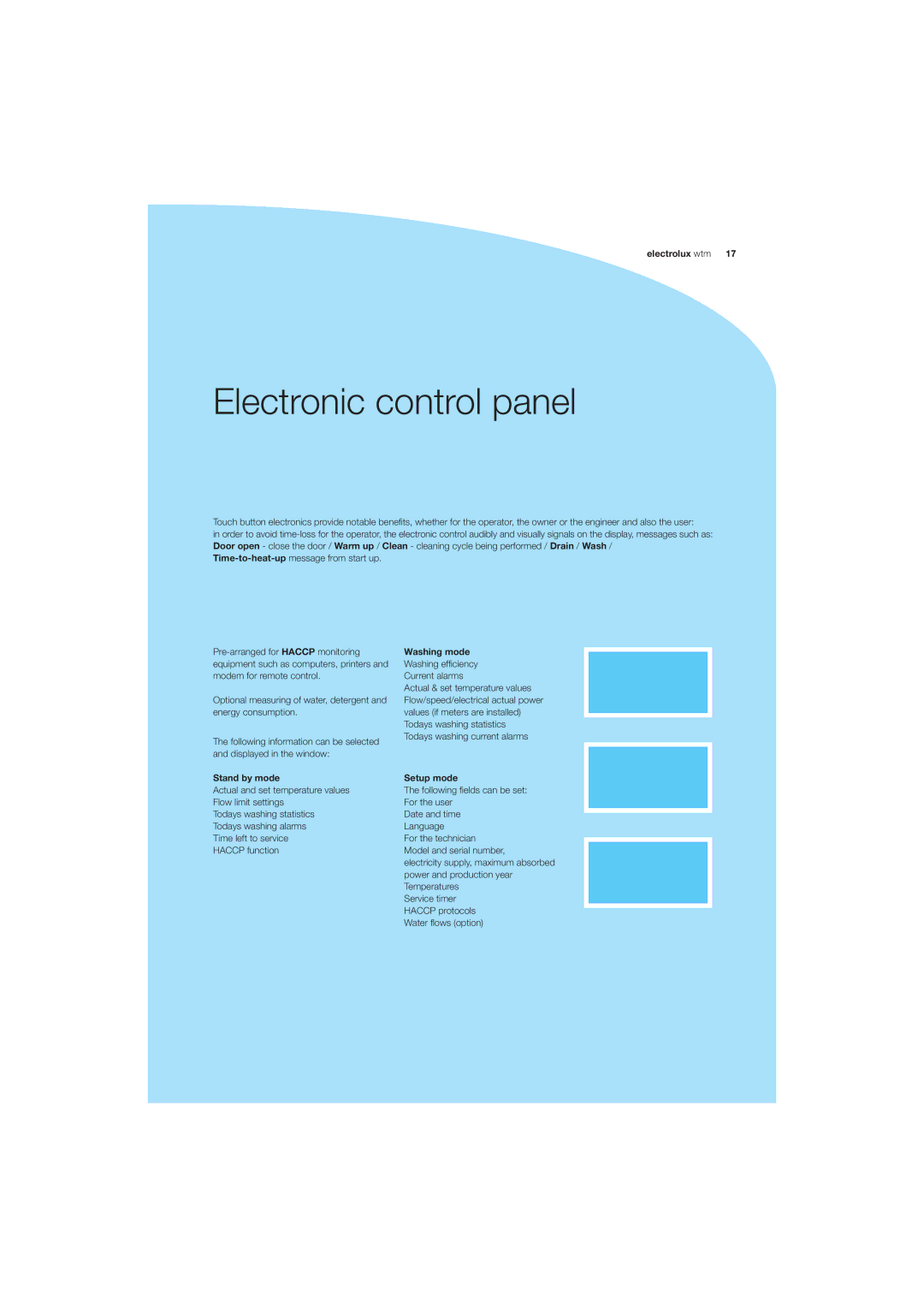 Electrolux WTM300, WTM250, WTM200, WTM165, WTM180 manual Electronic control panel, Washing mode, Stand by mode, Setup mode 