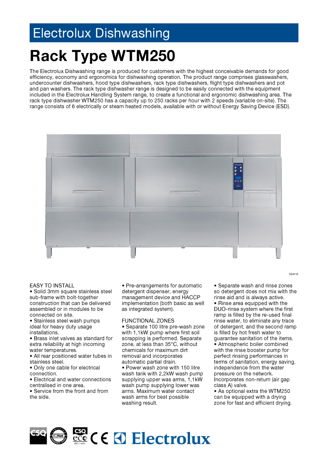 Electrolux WTM250SLA, WTM250ERA, WTM250ELA, WTM250ELB, WTM250SRA, WTM250ERB, 534112 manual Easy to Install, Functional Zones 