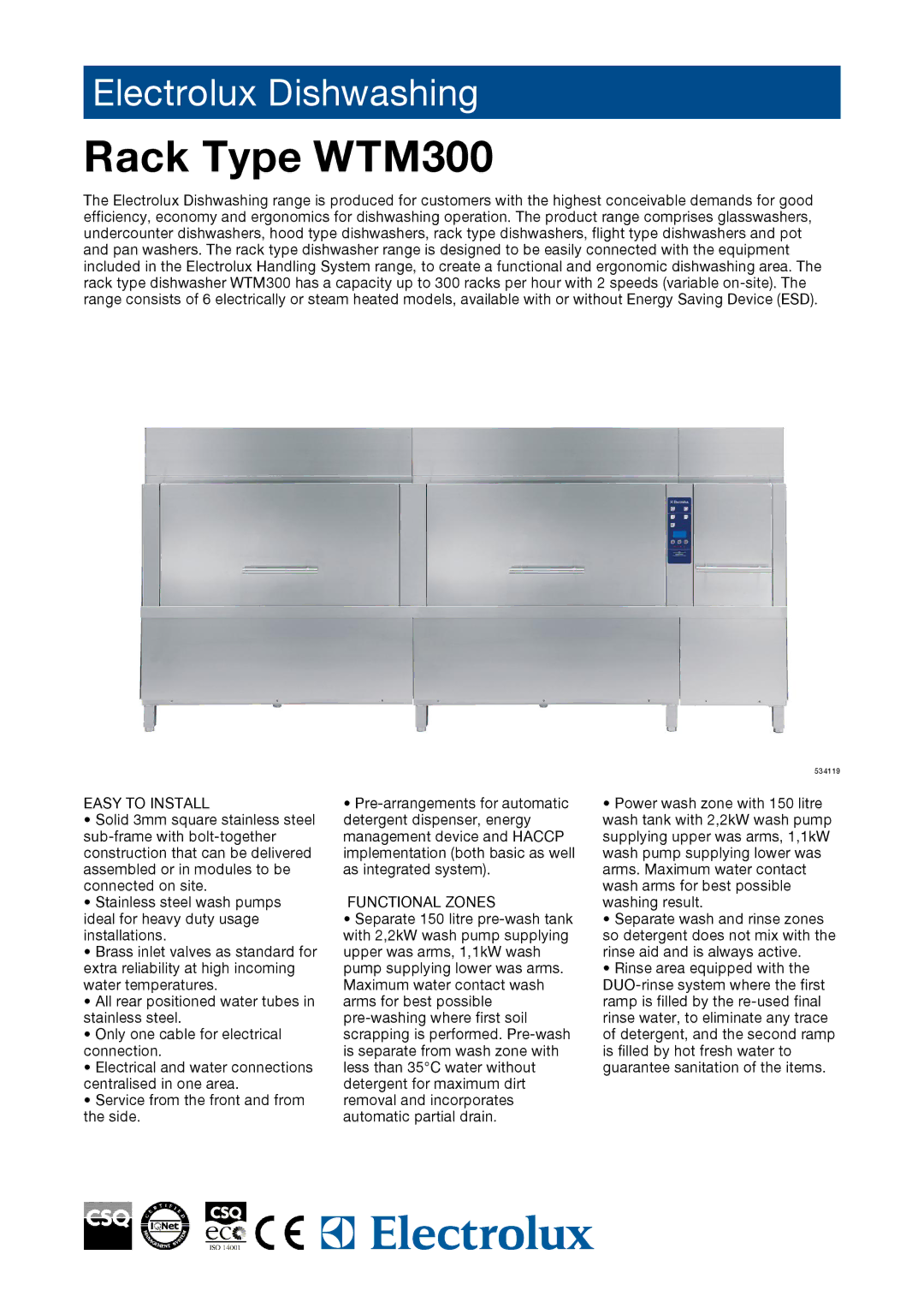 Electrolux WTM300ELA, WTM300ERA, WTM300SRA, WTM300ERB, WTM300SLA, WTM300ELB, 534135 manual Easy to Install, Functional Zones 