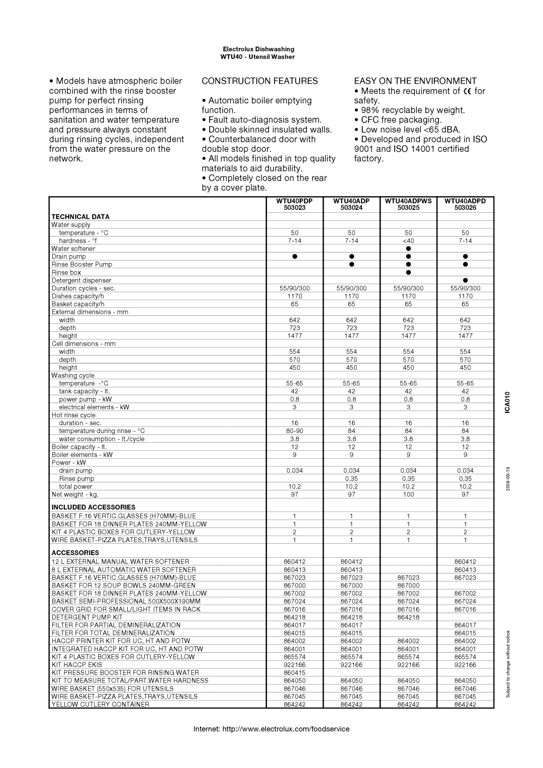 Electrolux WTU40ADPD, WTU40ADPWS manual Construction Features Easy on the Environment, Technical Data, Included Accessories 