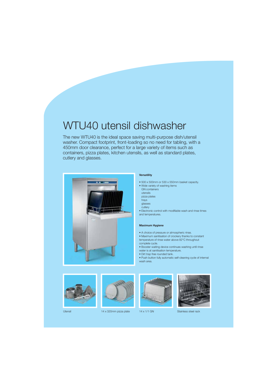 Electrolux WTU40P, WTU40A, 503024, 503023 manual WTU40 utensil dishwasher, Versatility, Maximum Hygiene 