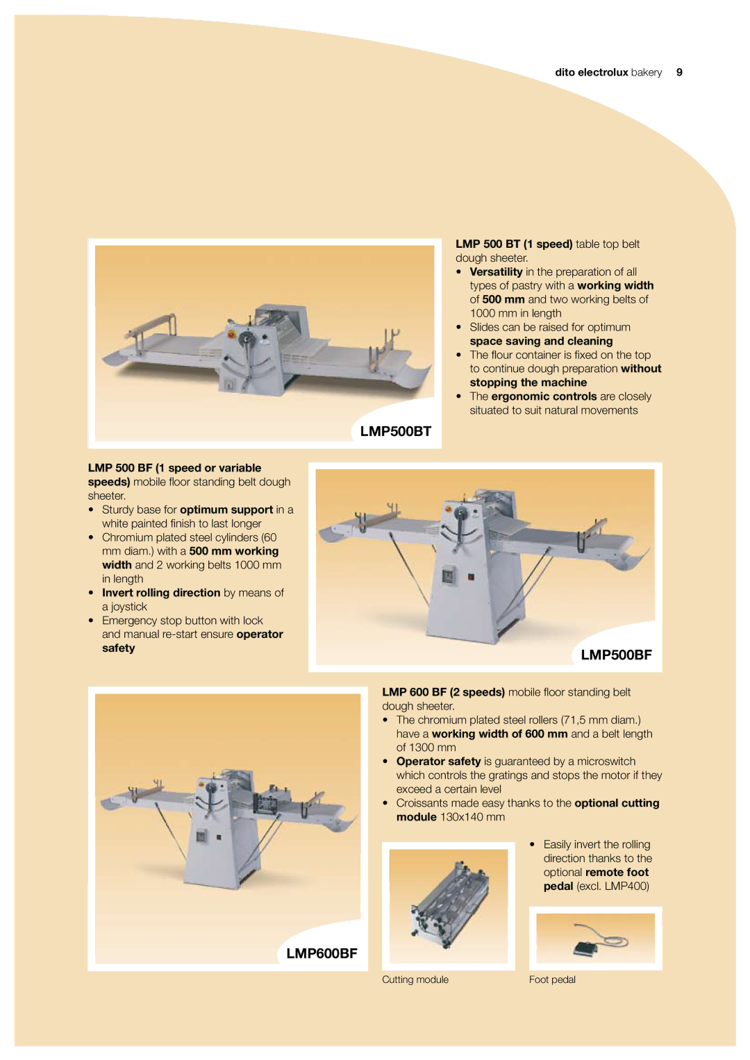 Electrolux BE5, XBB20, XBE80 LMP 500 BT 1 speed table top belt dough sheeter, Invert rolling direction by means, Safety 