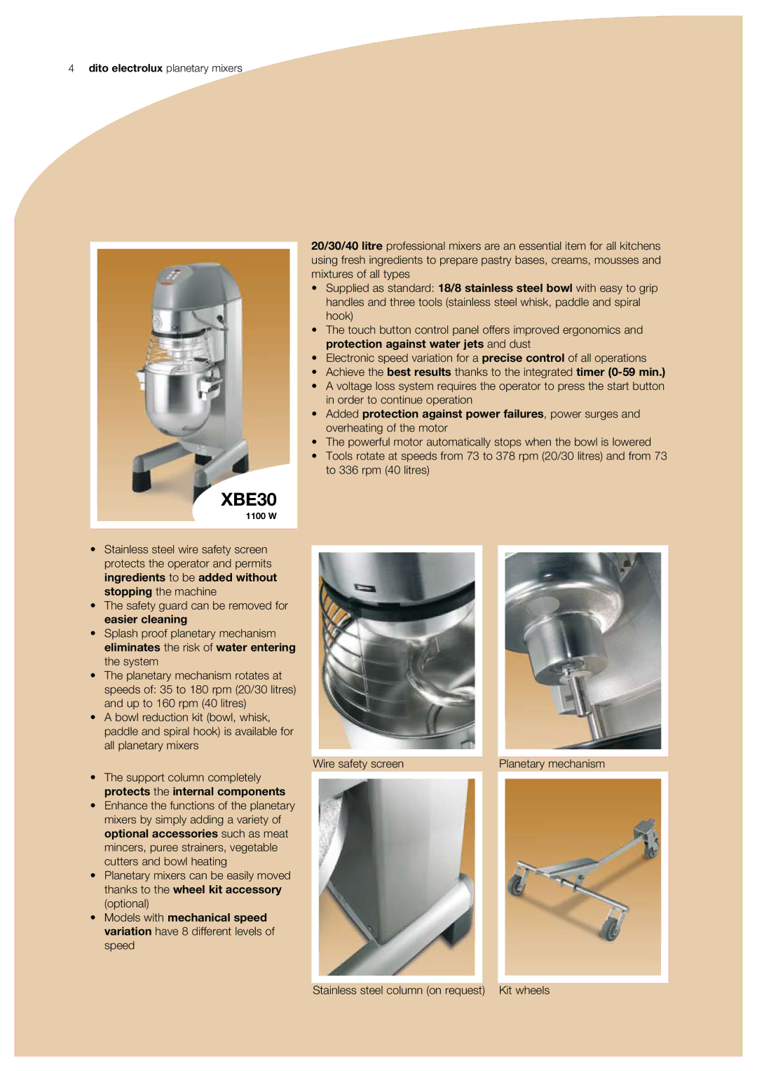 Electrolux XBE0-table, XBB0, XBE0-floor, XBE40 manual XBE30, Stainless steel column on request Kit wheels 