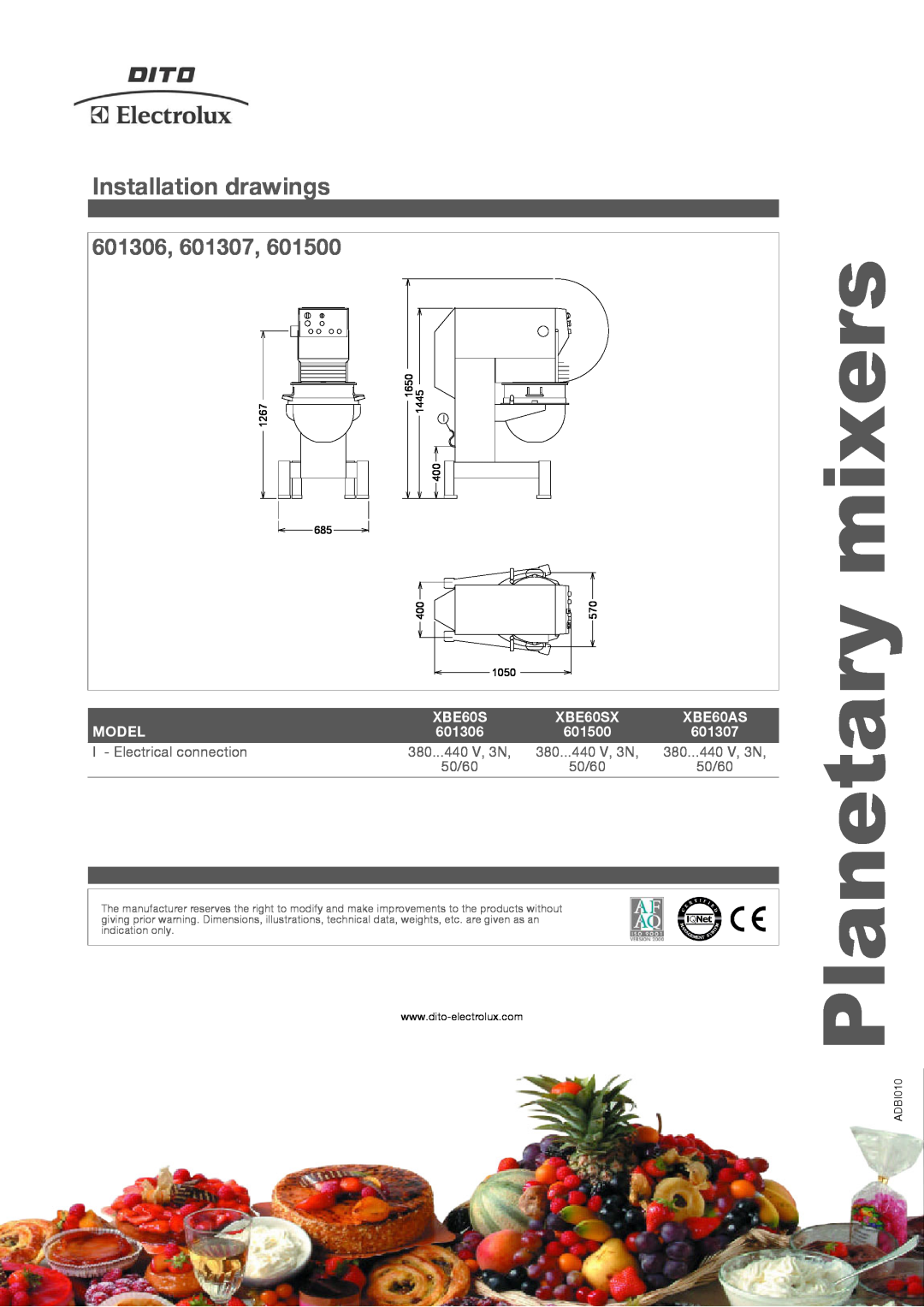 Electrolux manual Installation drawings, 601306, 601307, mixers, Planetary, XBE60SX, XBE60AS, Model, 601500 