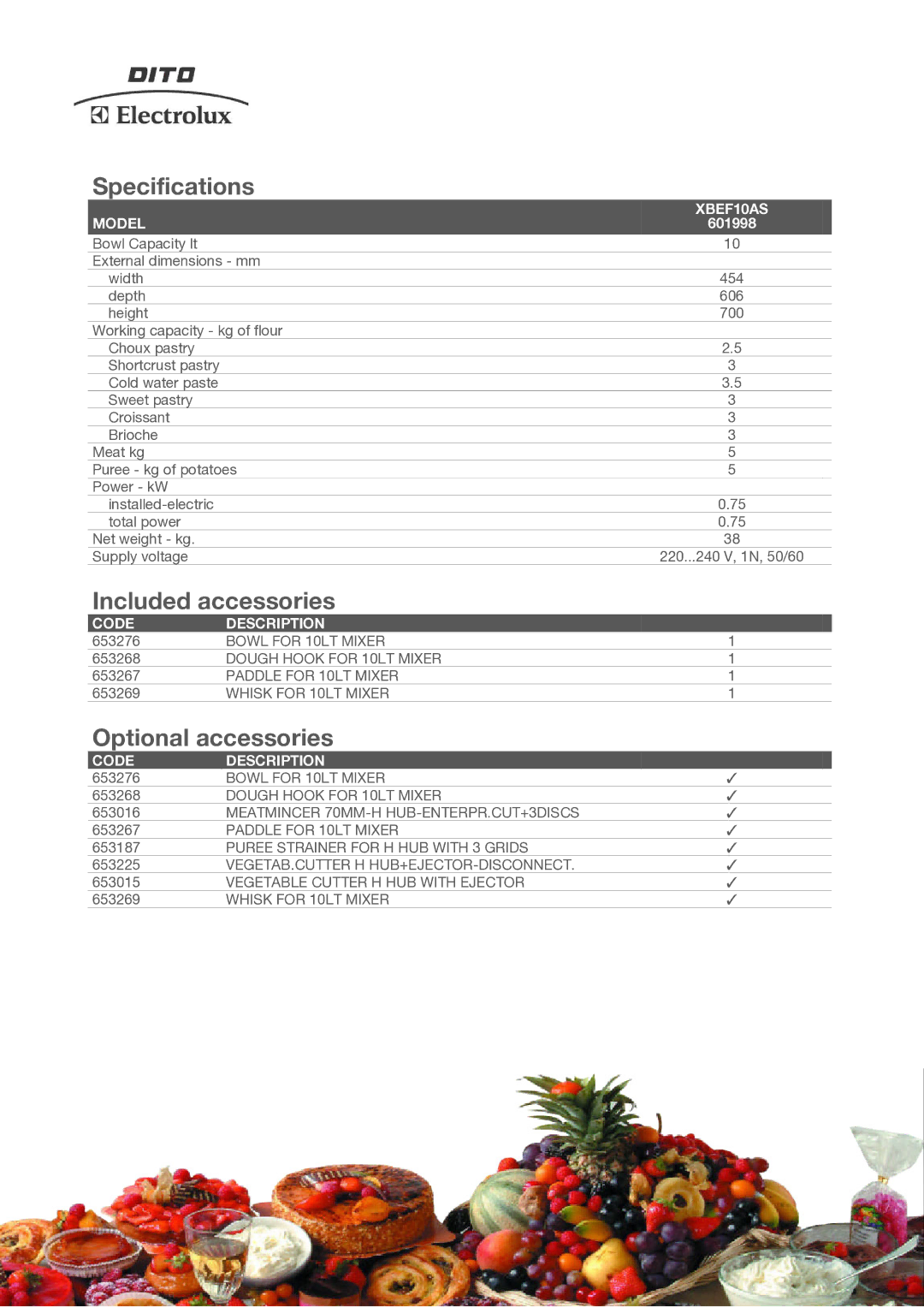 Electrolux XBEF10AS manual Specifications, Included accessories, Optional accessories 