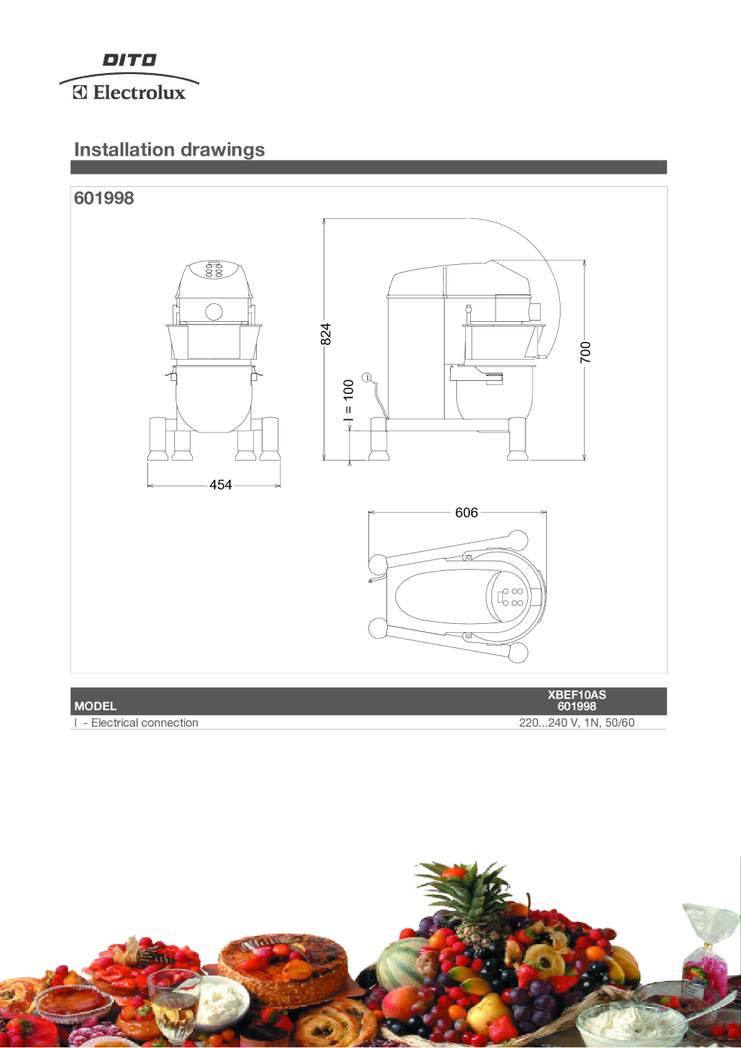 Electrolux XBEF10AS manual Installation drawings, 601998 