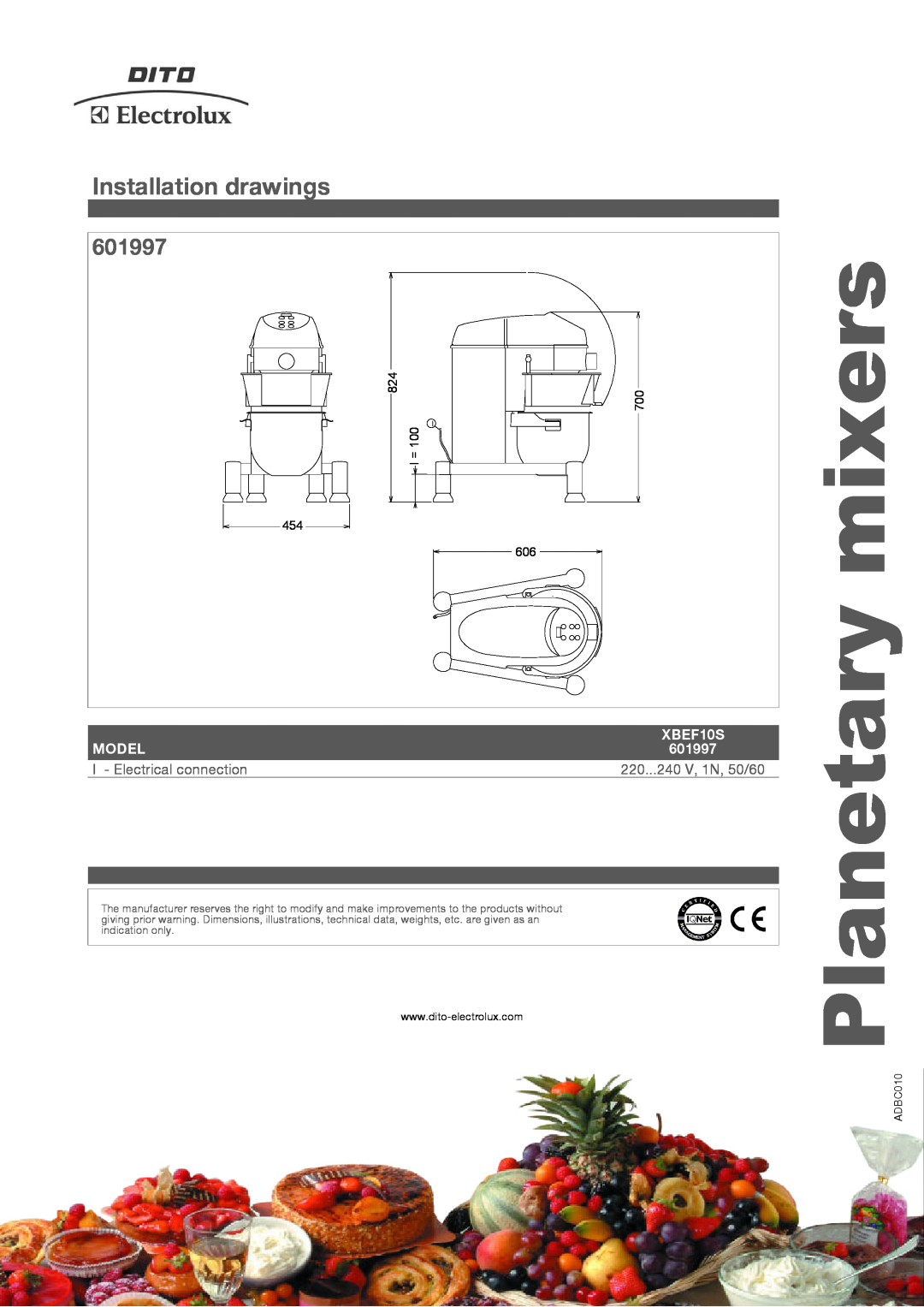 Electrolux XBEF10S Installation drawings, 601997, Planetary mixers, Model, I - Electrical connection, 454 606, ADBC010 