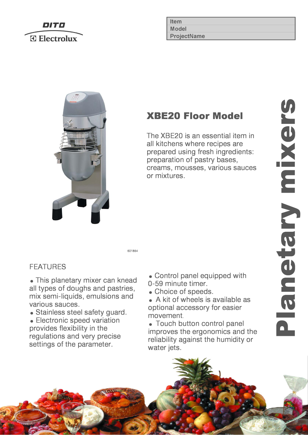 Electrolux XBEF20ASX, XBEF20SX manual mixers, Planetary, XBE20 Floor Model 