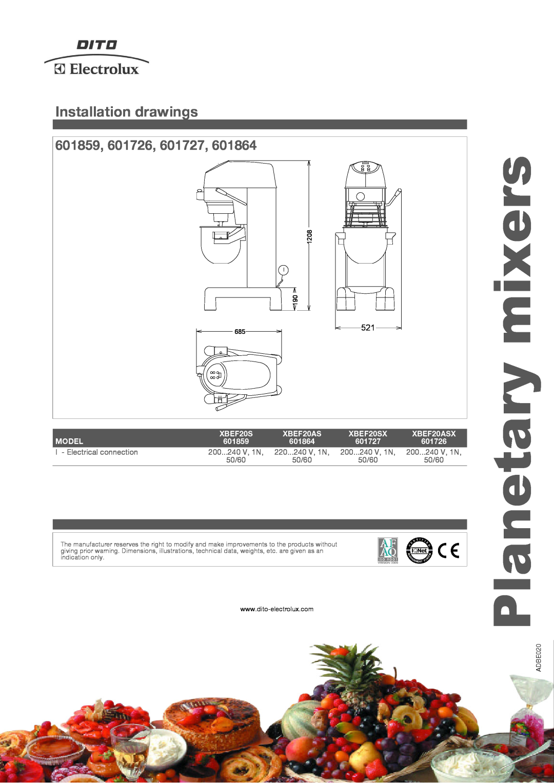 Electrolux XBEF20SX, XBE20, XBEF20ASX manual Installation drawings, mixers, Planetary, 601859, 601726, 601727 