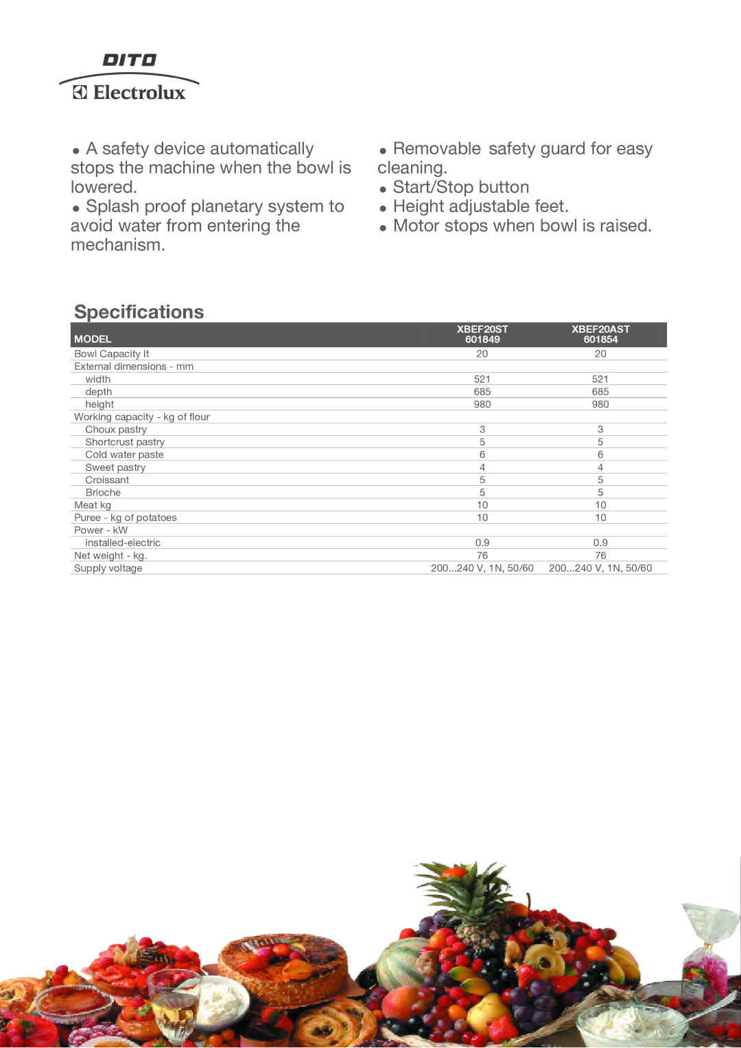 Electrolux manual Specifications, Model XBEF20ST XBEF20AST 